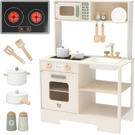 Дерев'яна дитяча кухня Nene Toys – іграшковий кухонний набір з підсвіткою та звуком, мийка, кран, мікрохвильова піч, духовка, полиці, гачки + аксесуари – іграшка Монтессорі від 3 років – подарунок для дівчаток та хлопчиків