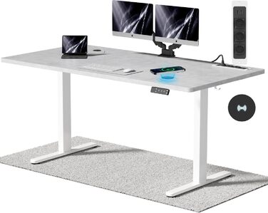 Електричний стіл Airfish з регулюванням висоти, бездрожною зарядкою та USB-роз'ємом, 160 x 80 см. Пам'ять на 3 положення, нагадування про відпочинок. Білий (160 x 80 см, Сірий)