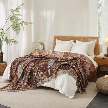 Богемна ковдра Softexly Boho Decke 100% бавовна, двостороння муслінова ковдра 150x200 см, м'яка диванна ковдра та покривало для ліжка, естетичний дизайн, ідеальна для вітальні та спальні, помаранчево-зелена (230 x 250 см, візерунок Пайслі)