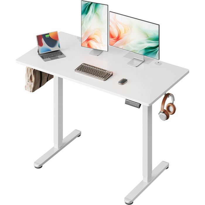 Регульований стіл Devaise 100x60 см з однією стільницею та тихим мотором, стіл для стояння та сидіння з функцією пам'яті на 3 положення, ергономічний комп'ютерний стіл для офісу, білий (120x60 см, білий)