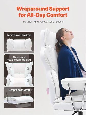 Крісло офісне VEVOR з PU шкірою, біле, для начальника з підніжкою, регульоване по висоті, до 181,43 кг, 860 x 610 мм, поворотне