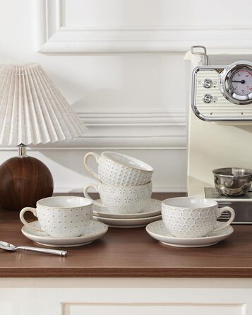 Набір посуду MALACASA LYDIA для 4 осіб (16 предметів) з кераміки з рельєфом, бежевий (4 чашки 180 мл)