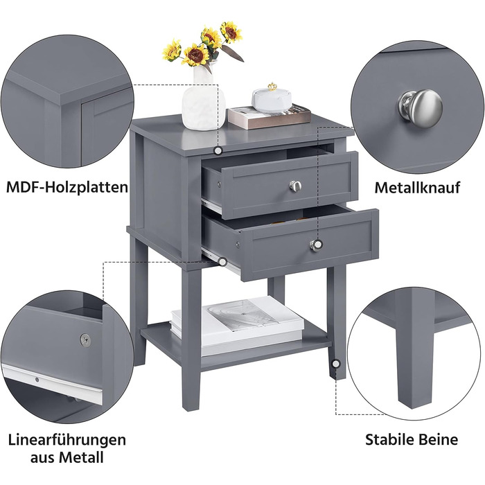 Приліжкова тумбочка Yaheetech з 2 ящиками, полиця, дерево, скандинавський дизайн, темно-сірий, легка збірка