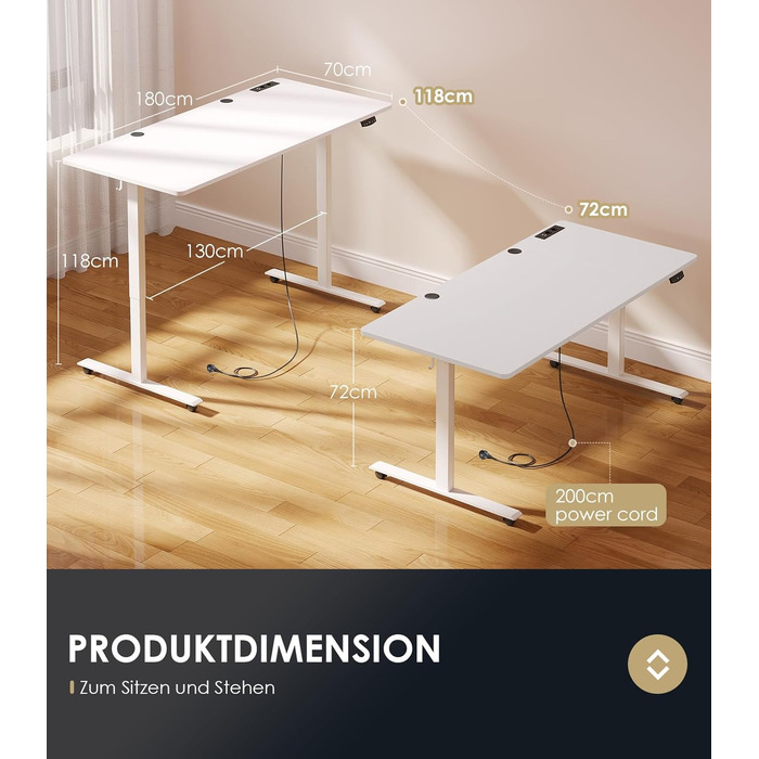 Електричний регульований стіл OffiGo 180x70 см, білий: стіл для офісу та дому з USB та 2 функціями пам'яті