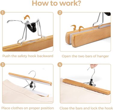 Дерев'яні вішалки для штанів та одягу House Day: 25 вішалок для спідниць, 11 для штанів, білі, з кліпсами, 360° обертання, 35,5 см (натуральне дерево)