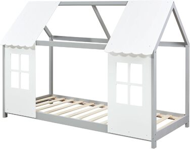 Дитяче ліжко Tostedt en.casa: ліжко-будиночок, ліжко для підлітків, ліжко-ігровий будиночок, напіввідкритий дизайн, ліжко Монтессорі з масиву сосни, 120x200 см, рожево-біле