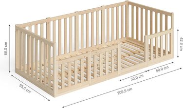 Дитяче ліжко Bellabino Cuvo із захистом від падіння, підлогове ліжко 90х200 в т.ч. рейковий каркас, ліжко Монтессорі масив сосни, натуральне лаковане