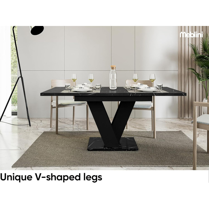 Обідній стіл Mebleini розсувний, сучасний, чорний глянцевий/білий глянцевий (120-160x80x75см, чорний мармур/чорний матовий)