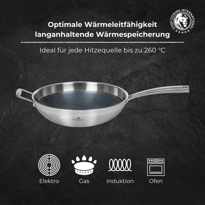 Wok Chef Cuisine 32 см з нержавіючої сталі з антипригарним покриттям Honeycomb – вок з міцною, стійкою до подряпин структурою, що нагадує стільники, та стійкістю до нагрівання до 260°C – без PFOA, з ергономічною ручкою