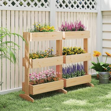 Вертикальна грядка COSTWAY з 3 ярусами, 6 контейнерами для квітів, дерев'яний ящик для тераси, балкона, саду 126x90x115 см (натуральне дерево)