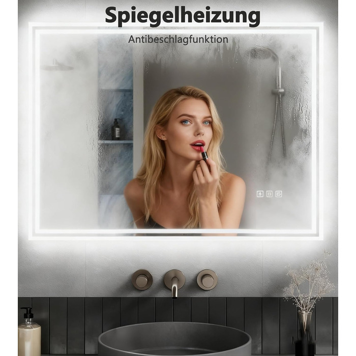 Дзеркало для ванної кімнати LOMIKEN з підсвічуванням, 60x50x3,5 см, LED, 6400K, холодний білий, економія енергії, вертикальне/горизонтальне кріплення, вимикач, захист від запотівання, 3 колірні температури