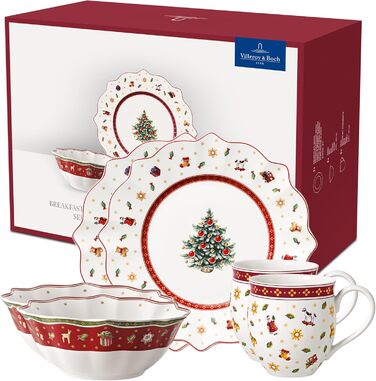 Сервіз для сніданку Villeroy & Boch Toy's Delight на 2 особи (6 предметів), білий/червоний. Преміум-посуд для святкування Різдва. Кераміка, білий/кольоровий.