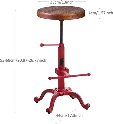 Topower Крісло-стілець у стилі ретро/вінтаж, фермерський дизайн, дерев'яний, поворотний, для кухні, регульована висота (Antique Red)