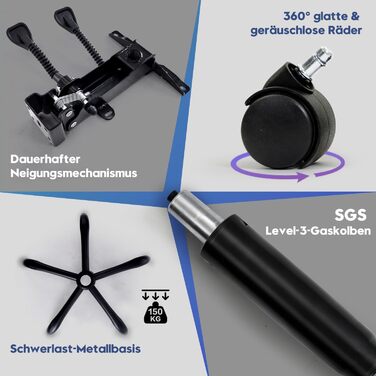 Ергономічне крісло для офісу, комп'ютерне крісло для начальника з регульованою спинкою 90-135° та підніжкою, сіре, тканина, 150 кг