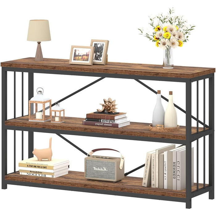 Низька полиця для книг IBF з 3 ярусами, індустріальний стиль, метал та дерево, 120x34x74 см, коричневий