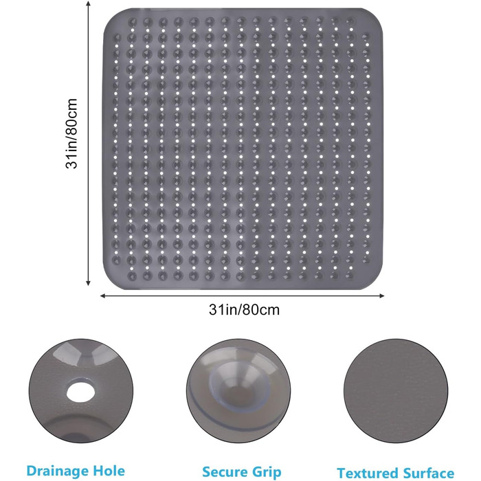 Килимок для душу нековзний 80x80, присоски, протиковзкі, ПВХ, Прозорий сірий