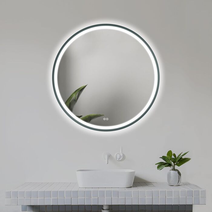 LED дзеркало для ванної кімнати Home Glow круглої форми 80 см – з підсвічуванням, проти запотівання, сенсорним вимикачем, металевим каркасом (графіт)