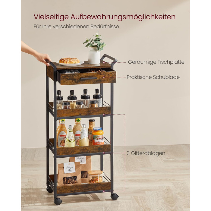 VASAGLE Роликовий столик для кухні, 3/4 полиці, з гальмами, з висувною шухлядою, з дерева, для кухні, ванної кімнати, спальні, вінтажний коричневий + чорний, LRC048K01