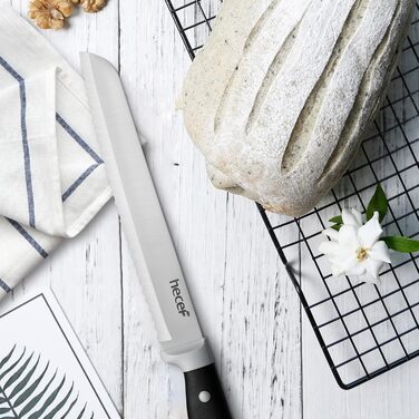 Набір ножів Hecef 14 предметів з дерев'яним блоком, професійний набір кухонних ножів з нержавіючої сталі, з ножицями, ножем для стейка та точилкою (чорний)