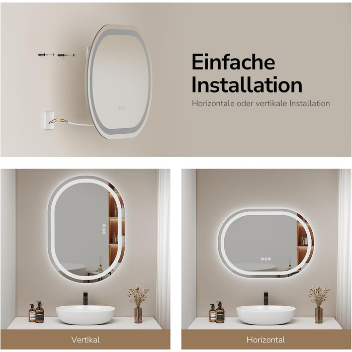 EMKE Дзеркало для ванної кімнати з підсвічуванням 50x90 см овальне з сенсорним вимикачем, 3 кольори світла, регулювання яскравості, антизапарник, функція пам'яті, автоматичне вимкнення через 3 години