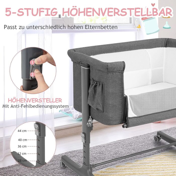 Двофункціональне ліжко-приліжкова стільниця Dreamade 2 в 1 з регулюванням висоти, з матрацом та колесами, 86 x 63 см, для новонароджених до 9 кг, з нахилом 10°, сірий колір