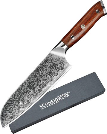 SCHNEIDWERK Santoku ніж з дамаської сталі, кухонний ніж 17.6 см, 67 шарів нержавіючої сталі, кухонний ніж з дамаської сталі, дуже гострий, DI-серія