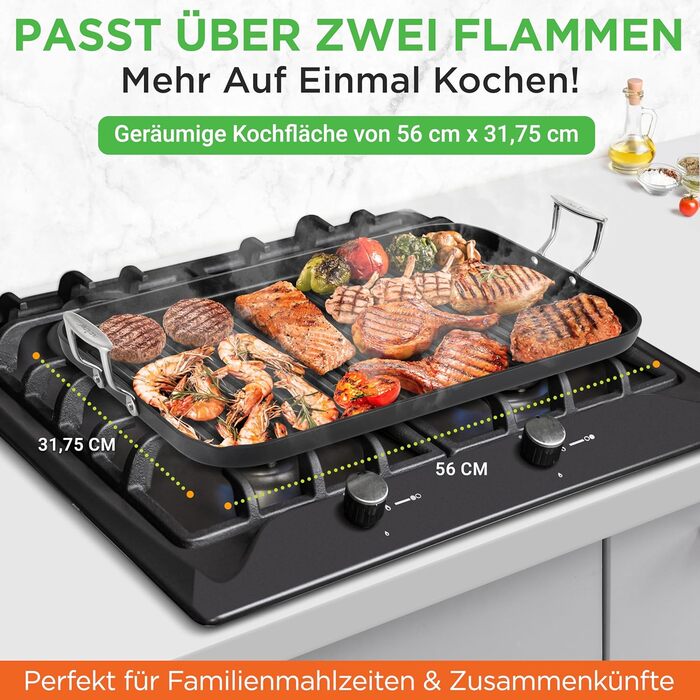 НутріШеф Гриль-плита 56 см – чавунна сковорода-гриль з антипригарним покриттям та жолобками для збору жиру, стійка до високих температур. Підходить для газового гриля, плити, BBQ та приготування їжі в приміщенні.