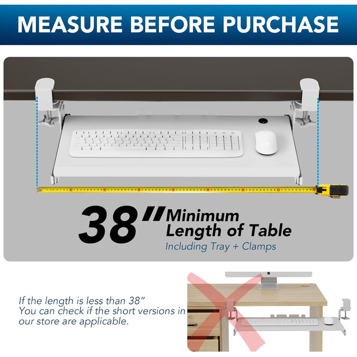 Висувна підставка для клавіатури під стіл з К-подібною фіксацією, великого формату, стійка, висувна платформа 838 мм x 280 мм, білий колір