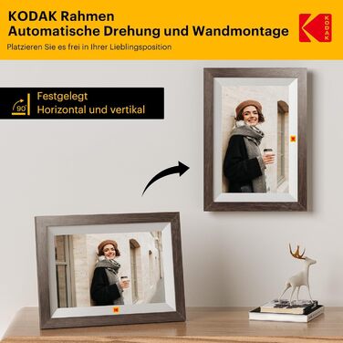 Цифровий фоторамка KODAK WiFi з сенсорним екраном IPS HD 10.1 дюйма, 32GB, автоматичне обертання, Wi-Fi, для стін, ділитися фотографіями звідусіль, темно-коричневий (білий каркас)