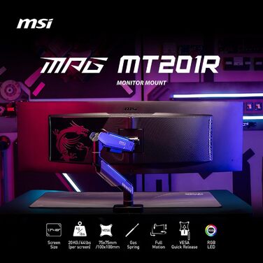 Підставка для монітора MSI MPG MT201R Premium RGB, сумісна з VESA, 17-49 дюймів, до 20 кг, регульована газо-пружинна кріплення, сіра