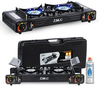 Преміум газовий набір для кемпінгу ZMC з 2 конфорками, 2,5 кВт, Piezo-запалювання, валіза для транспортування. Ідеально для відпочинку на природі, балкону та дому. Включає гриль-плиту 45×24 см та 227г газові картриджі.