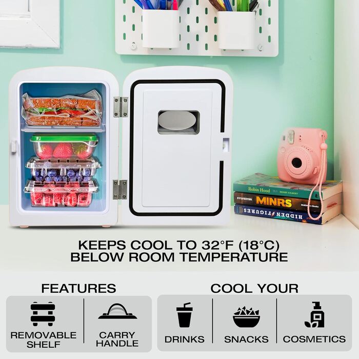 Koolatron Ретро-міні холодильник 4 літри, рожевий: для кімнати, косметики, дитячих речей, авто та подорожей