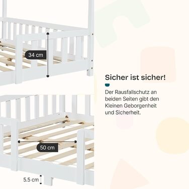 Дитяче ліжко Treviolo від en.casa: ліжко-хала з захистом від падіння, монтайсорі, з ламелями, з сосни, біле