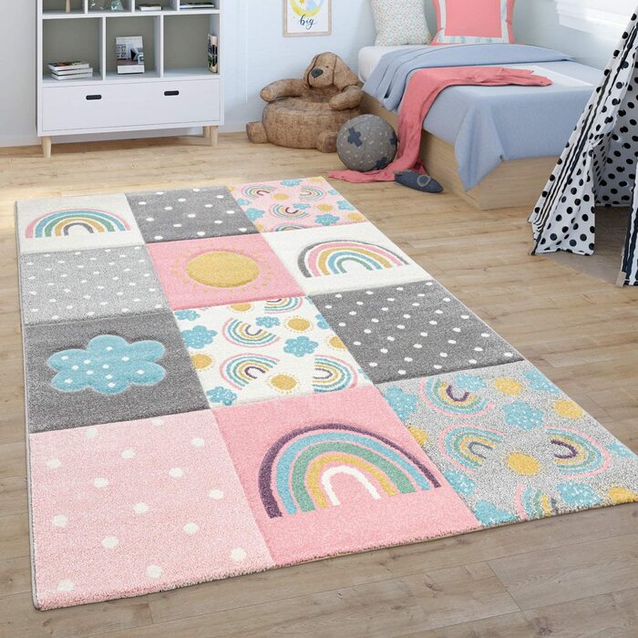 Домашній дитячий килим Paco, килимок для дитячої кімнати, килимок для ігор з райдужними хмарами, рожевий, сірий, білий, Розмір (діаметр 120 см круглий)