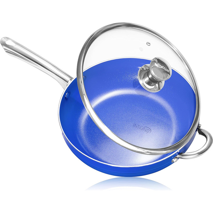 Сковорода INTIGNIS 28 см індукційна зі скляною кришкою, високим обідком, антипригарним покриттям без керамічного армування, жаростійкою скляною кришкою (28 см, Royal Blue)