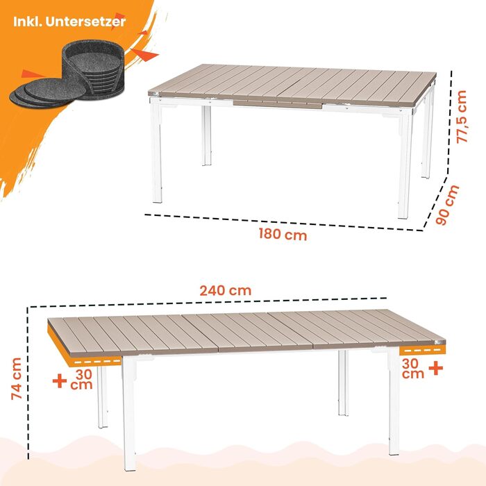 Розсувний садовий стіл KESSER® 180/240x90 см для 8 осіб, з металевим каркасом та стільницею HDPE, стійкий до погодних умов та UV-випромінювання, в комплекті 6 підставок під горнятка