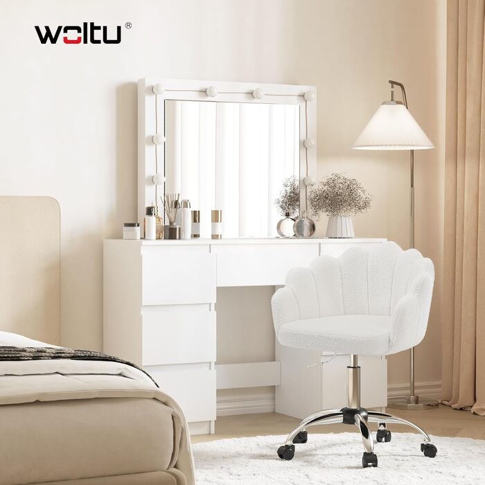 Крісло WOLTU для офісу та дому, крісло до туалетного столика з м'якою спинкою у вигляді пелюсток, поворотне з колесами, регульоване по висоті, для робочого кабінету, спальні, (кремово-білий, кашеміровий матеріал)