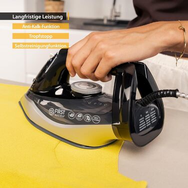 Пароочисник TZS First Austria I 2290-2720W | Керамічна підошва, Самоочищення, Вертикальний пар, Anti-Kalk, Сухе прасування, 0.3л резервуар, 1.2 кг | Чорний/Білий