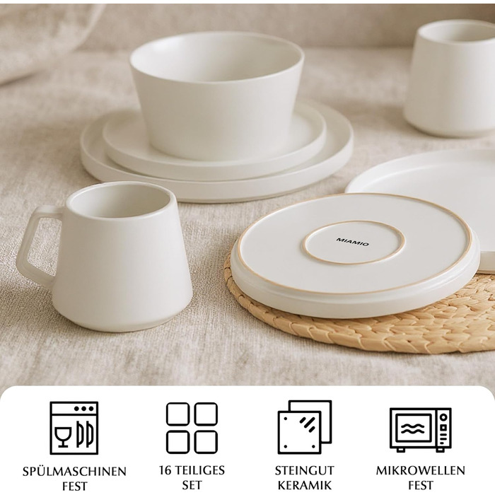 Набір посуду Miamio для 8 осіб (24 предмети) з кераміки. Сучасний та елегантний сервіз. Підходить для миття в посудомийній машині та використання в мікрохвильовій печі. Колекція Luxe (білий).