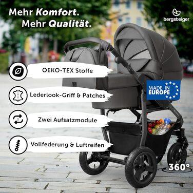 Дитяча коляска Bergsteiger Capri 3-в-1 з люлькою, автокріслом i-Size та ременями, повітряні колеса, амортизація, регульована ручка, складна, аксесуари сірого кольору | Рама: антрацитова коляска + автокрісло