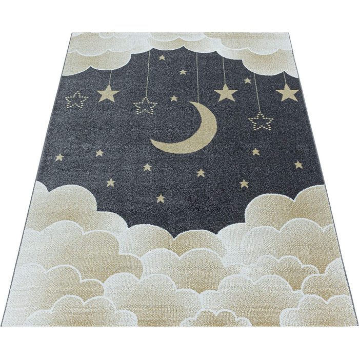 Дитячий килим HomebyHome з коротким ворсом у вигляді зоряного неба, Місяця, хмар, м'який дизайн дитячої кімнати, Колір рожевий, Розмір (160x230 см, жовтий)