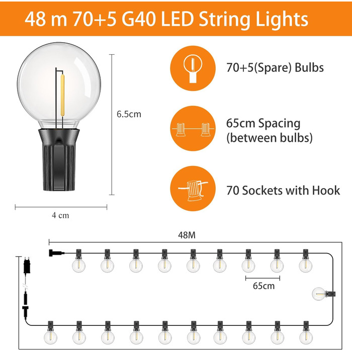 Світлодіодні струнні світильники для вулиці, лампи G40, водонепроникні IP44, для саду, патіо, вечірки, 48M