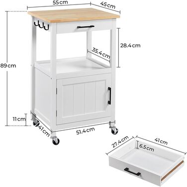 Кухонний візок Yaheetech на колесах з шафкою та полицею, 55x45x89 см, білий, у стилі кантрі