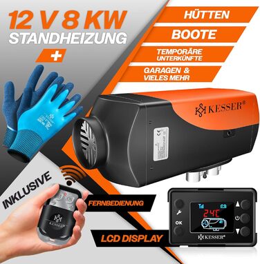 Дизельний опалювач KESSER® 12/24V з таймером, LCD-дисплеєм та пультом дистанційного керування | Швидкий нагрів | Опалювач з шумопоглиначем та термостатом (червоний, чорний/помаранчевий, 8kW)