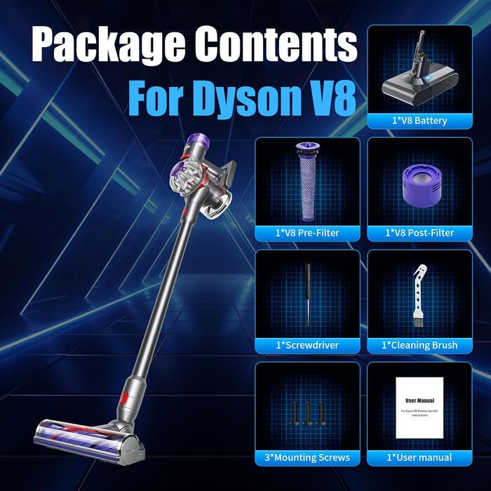 Змінна батарея 6000mAh для Dyson V8 (в т.ч. 2 фільтри, щітка, викрутка, 3 гвинти)