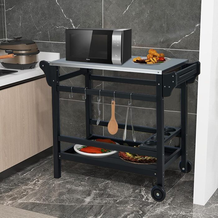 Гриль-візок Komfotteu з нержавіючою сталею, столиця для гриля, візок для сервірування з полицями для спецій, вина та гачками, для зони відпочинку