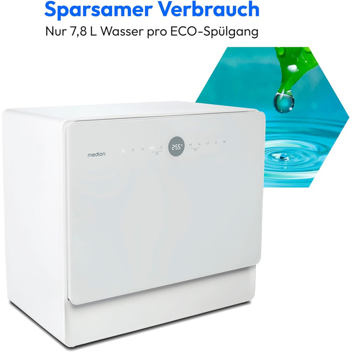 MINI посудомийна машина MEDION DWT51 біла (5 комплектів, з сенсорним керуванням, функція відра, 7 програм, таймер, MD 37766)