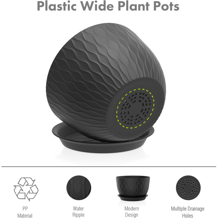 Великі горщики для квітів 3 шт. (12+10+9 дюймів), 30.5x25.4x25.4x22.9 см, для дому та саду, чорного кольору, з дренажними отворами