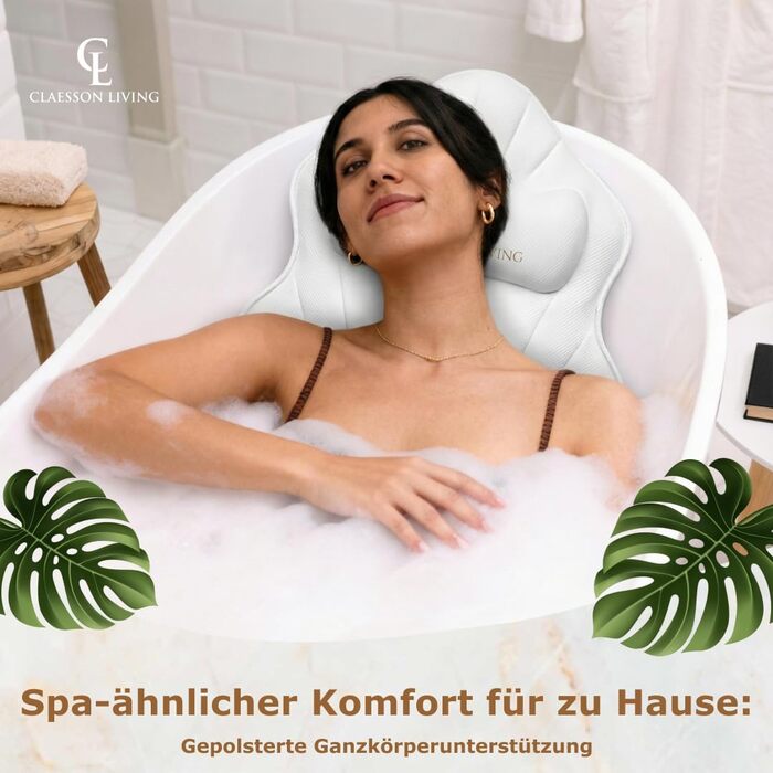 Подушка для ванни повномірна (126x41 см) з підголовником (13 см) для підтримки шиї, спини та ніг - біла, тепла біла