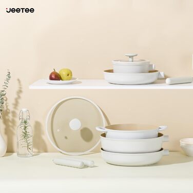 Набір посуду JEETEE 17 предметів з антипригарним покриттям Ceramic, знімні ручки. Каструлі 16/20/24 см, сковороди 24/28 см, глибока сковорода 28 см. Підходить для всіх типів плит, духовка, 17 предметів, бежевий